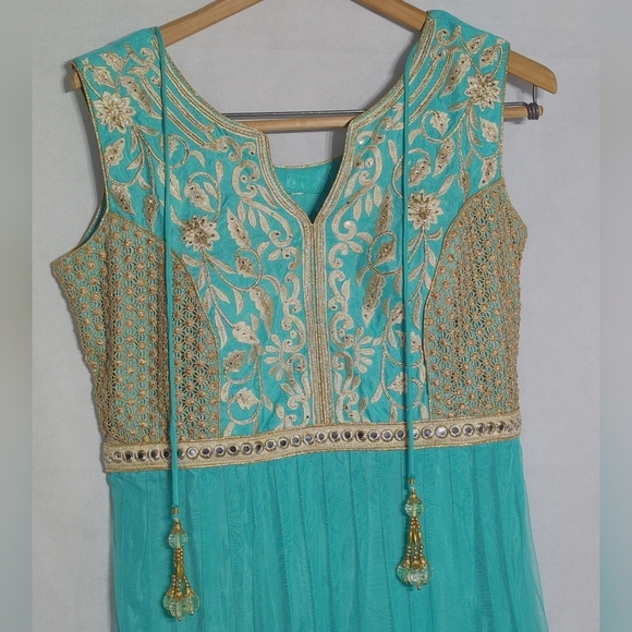 Unbranded Aqua & Gold M Anarkali  Women's Net Dress W/ Matching Scarf - Picture 4 of 8